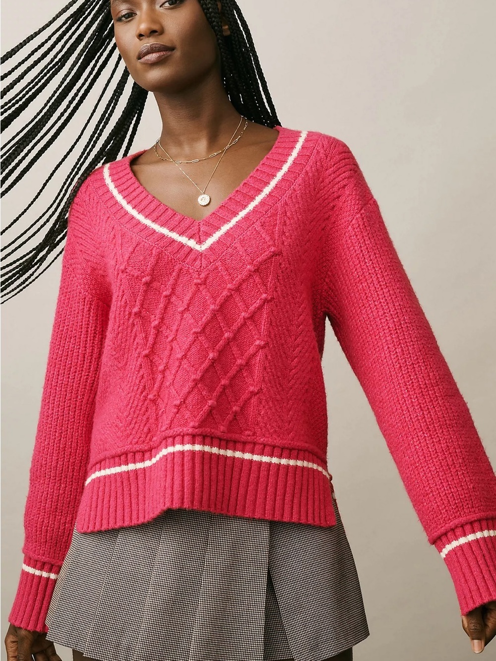 Maeve by Anthropologie Hot Pink V-Neck Cable Knit Sweater with Cream Trim